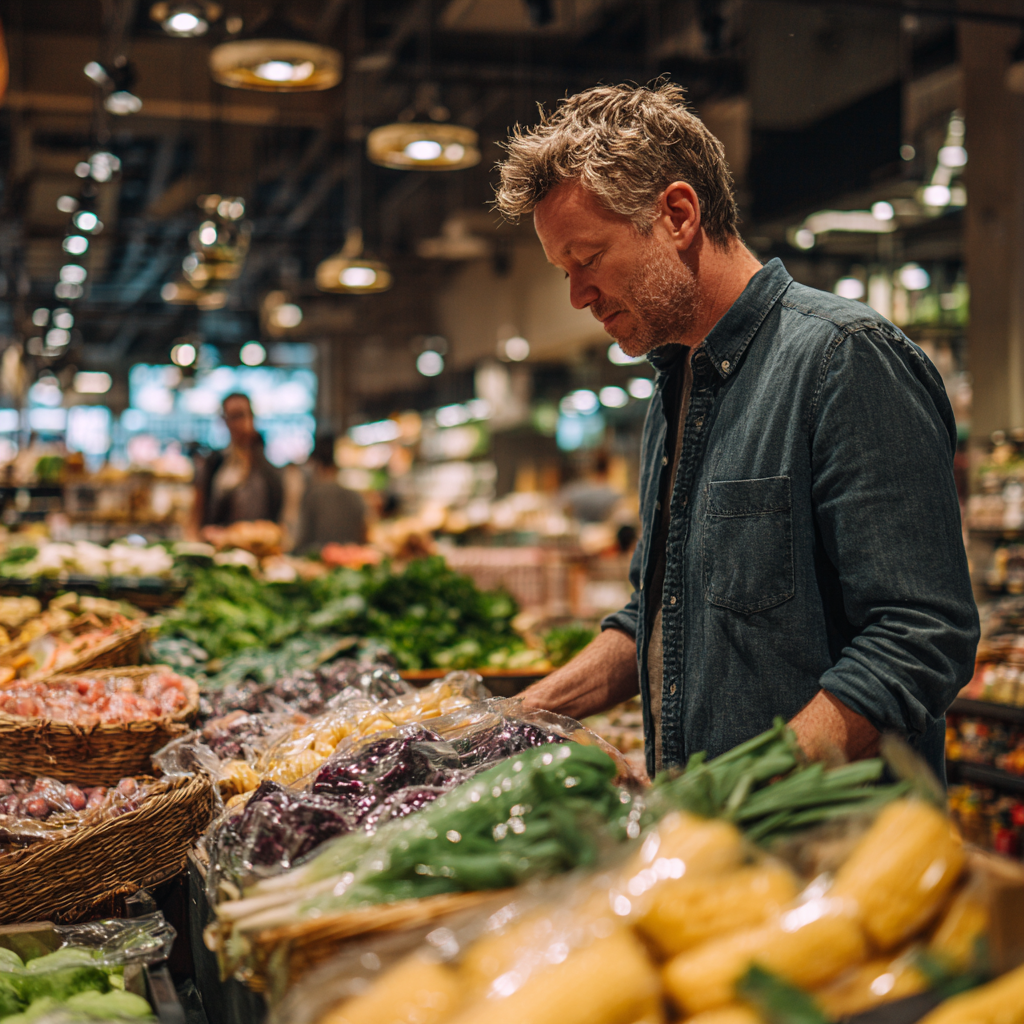 Чоловік обирає корисні продукти